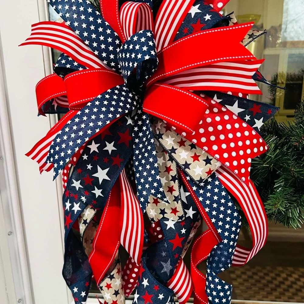 XL Patriotic Red, Navy & White Ribbon Bow Wreath Accent Handmade